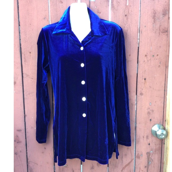 Vintage Electric a blue Velvet Tunic Button Top - Picture 1 of 5